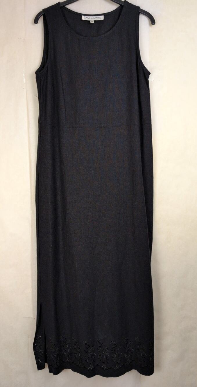 Sara Campbell black linen embroidered eyelet maxi dress Size 10 Coastal Minimal